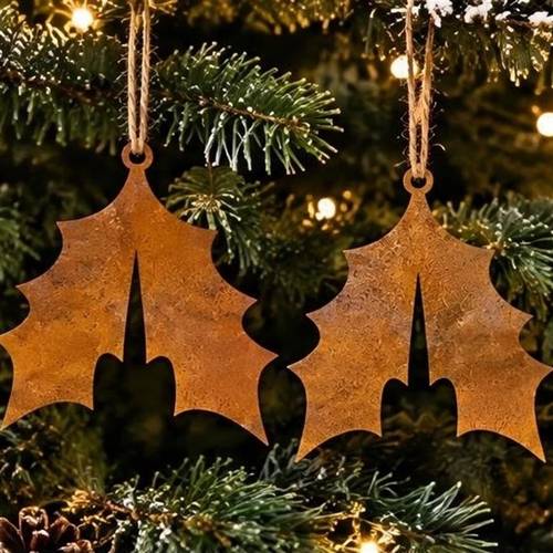 1pc rusty holly rusted metal christmas ornament laser cut rusty iron hanging xmas tree decoration with industrial holiday decor for indoor outdoor home wall