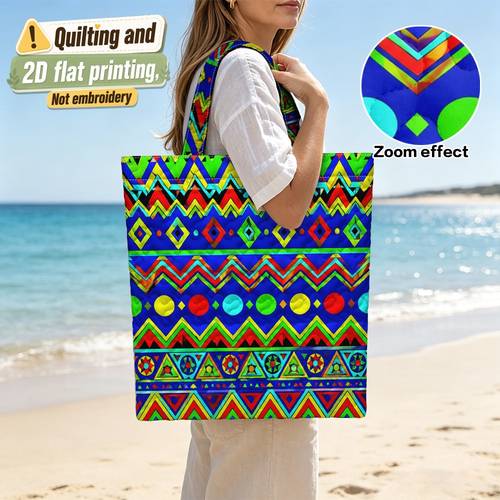 quilted and 2d flat printing non embroidered 1pc colorful tribal geometric shoulder bag stylish lightweight tote for casual gathering and grocery shopping 2d flat