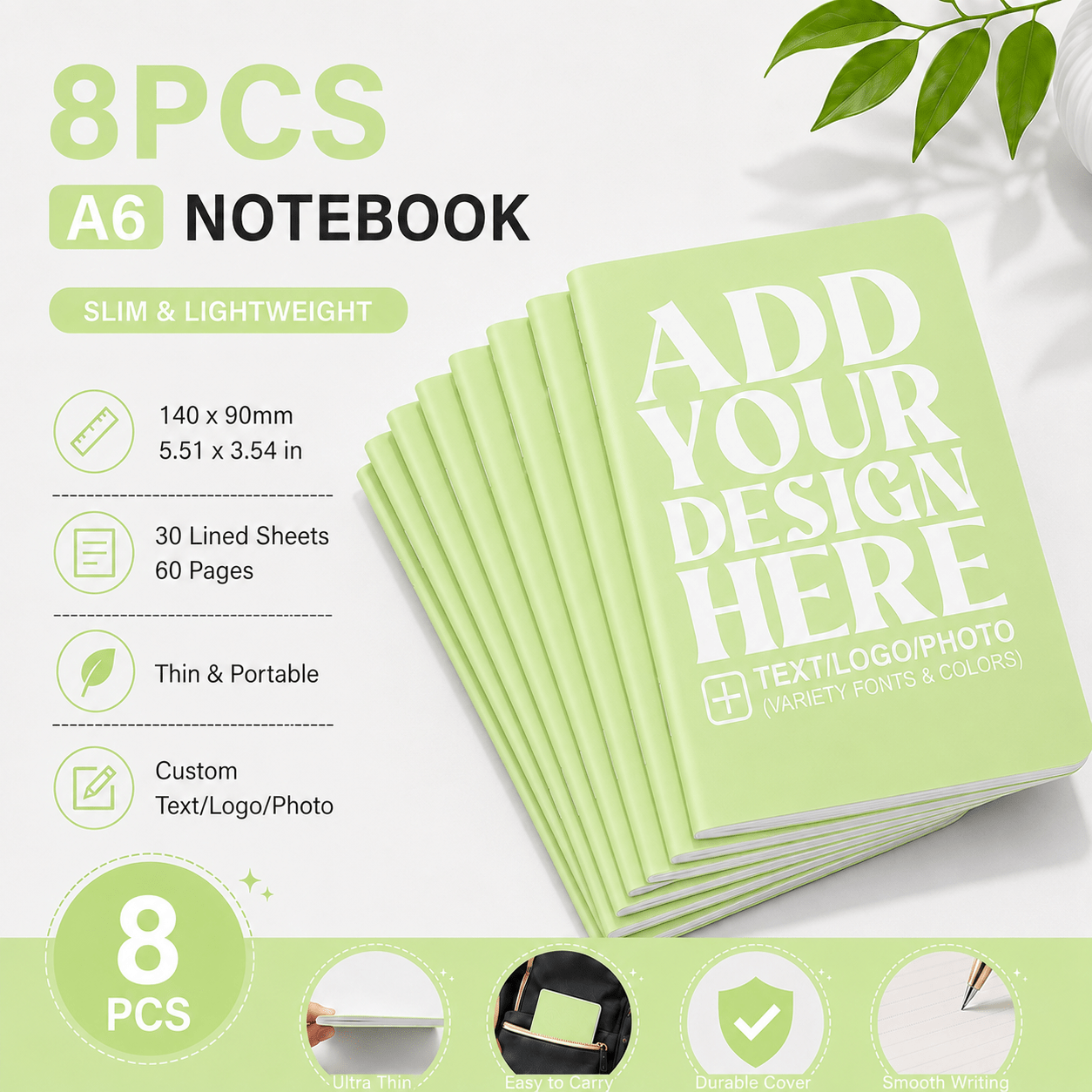 TEMU 8pcs Customizable A6 Lined Notebooks. Slim, Portable 60-page Notebooks Supporting Custom Text, Logo And Photos. Available In 4 Colors, 140x90mm