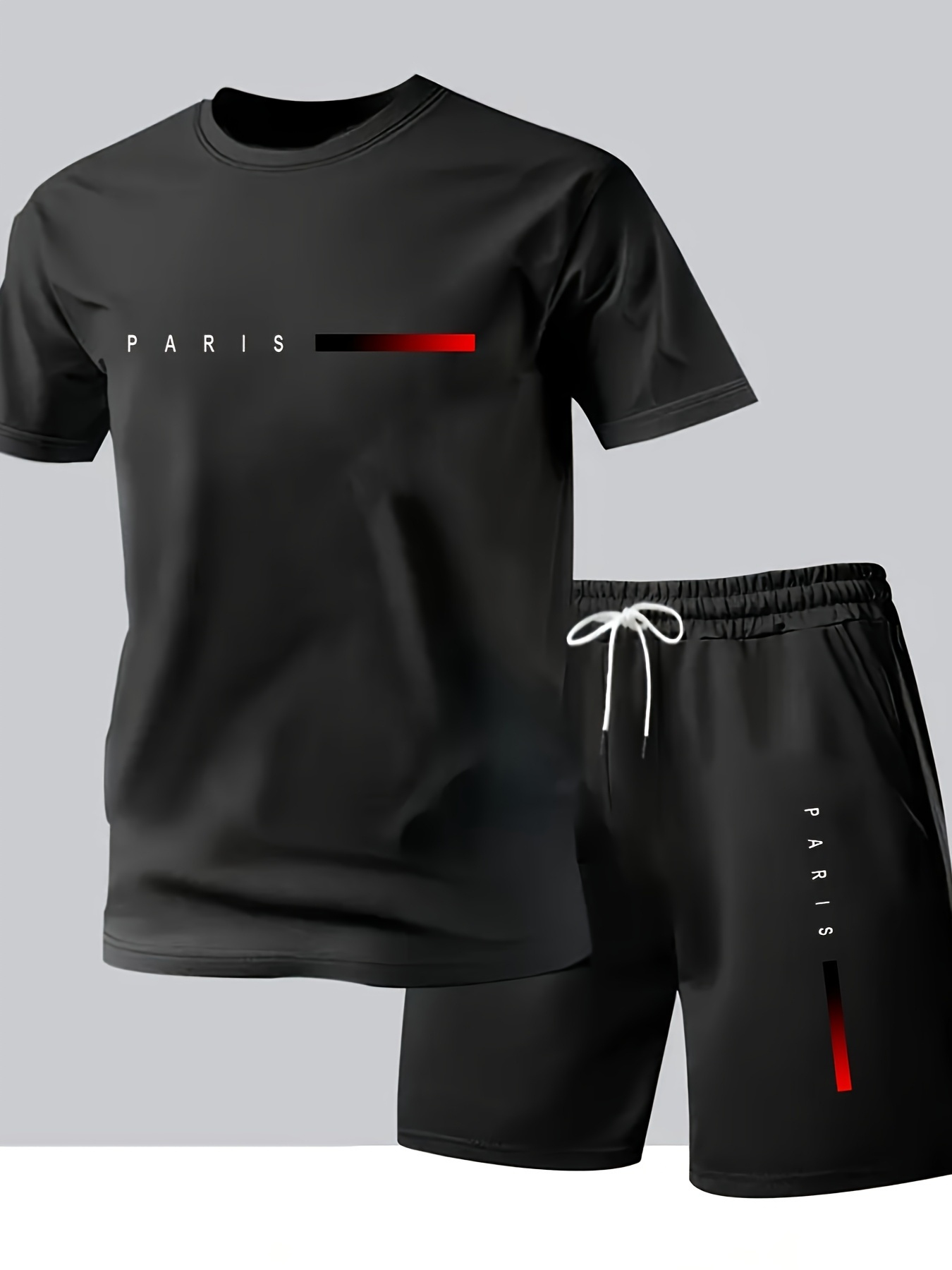 Paris Gradient Letter Print Men's Two-Piece Set: Crew Neck Short Sleeve T-Shirt and Drawstring Shorts Summer Casual Sportswear