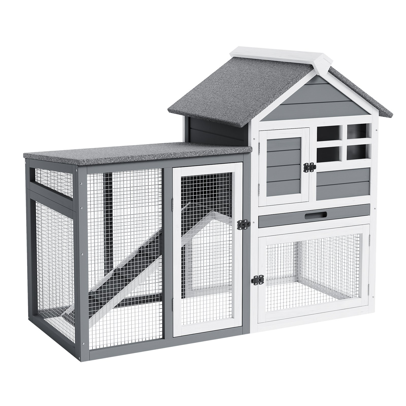 2-tier Large Wooden Rabbit Hutch Indoor Outdoor, Removable Tray & 4 Access Doors, Ramp Small Animal Cage For Rabbits Guinea Pigs
