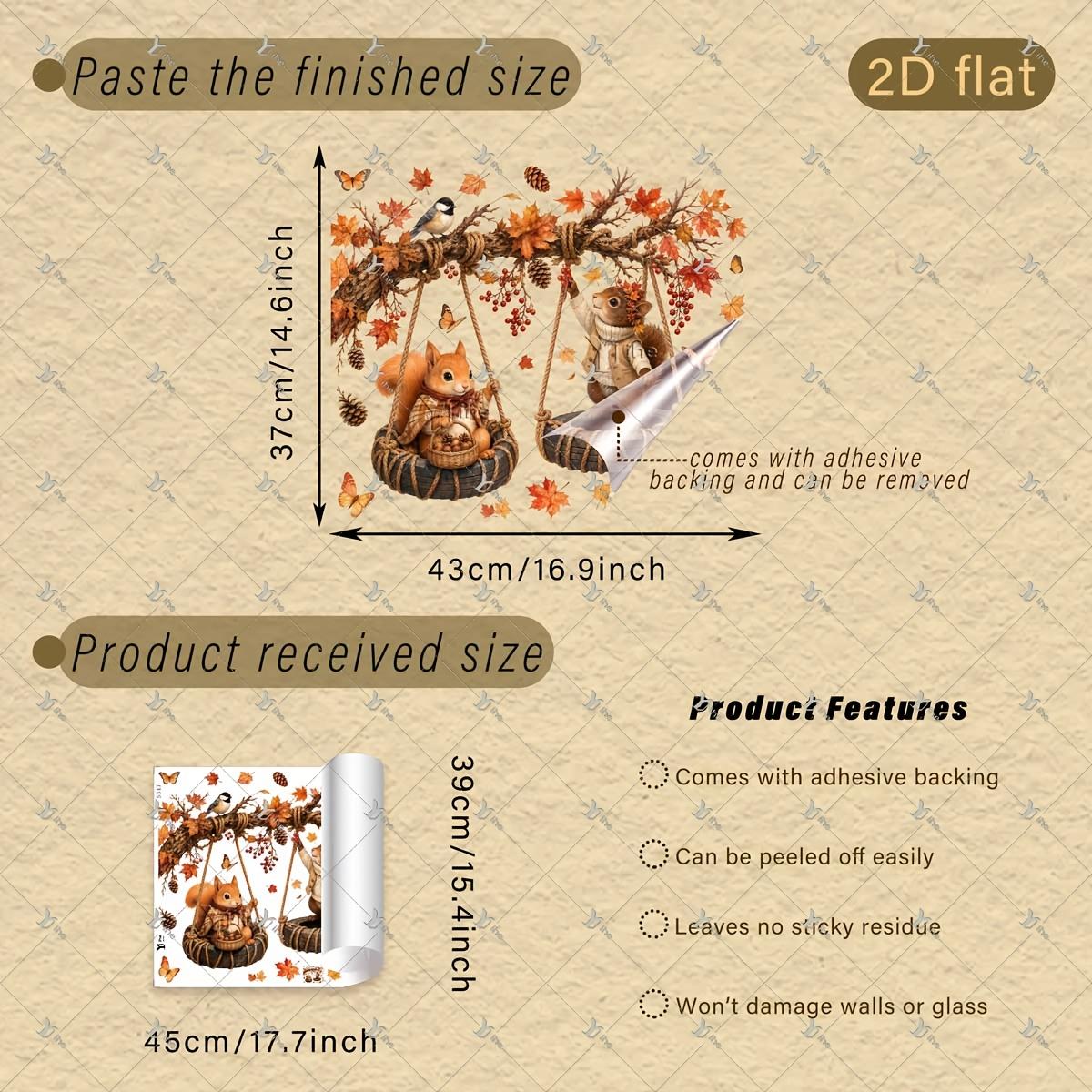 TEMU 2D Flat - 2D Flat - . 2D Flat Druck Zweig Reifen Schaukel Eichhörnchen Vogel Schmetterling Beere Kiefernnuss Ahornblatt 40 x Fensteraufkleber,