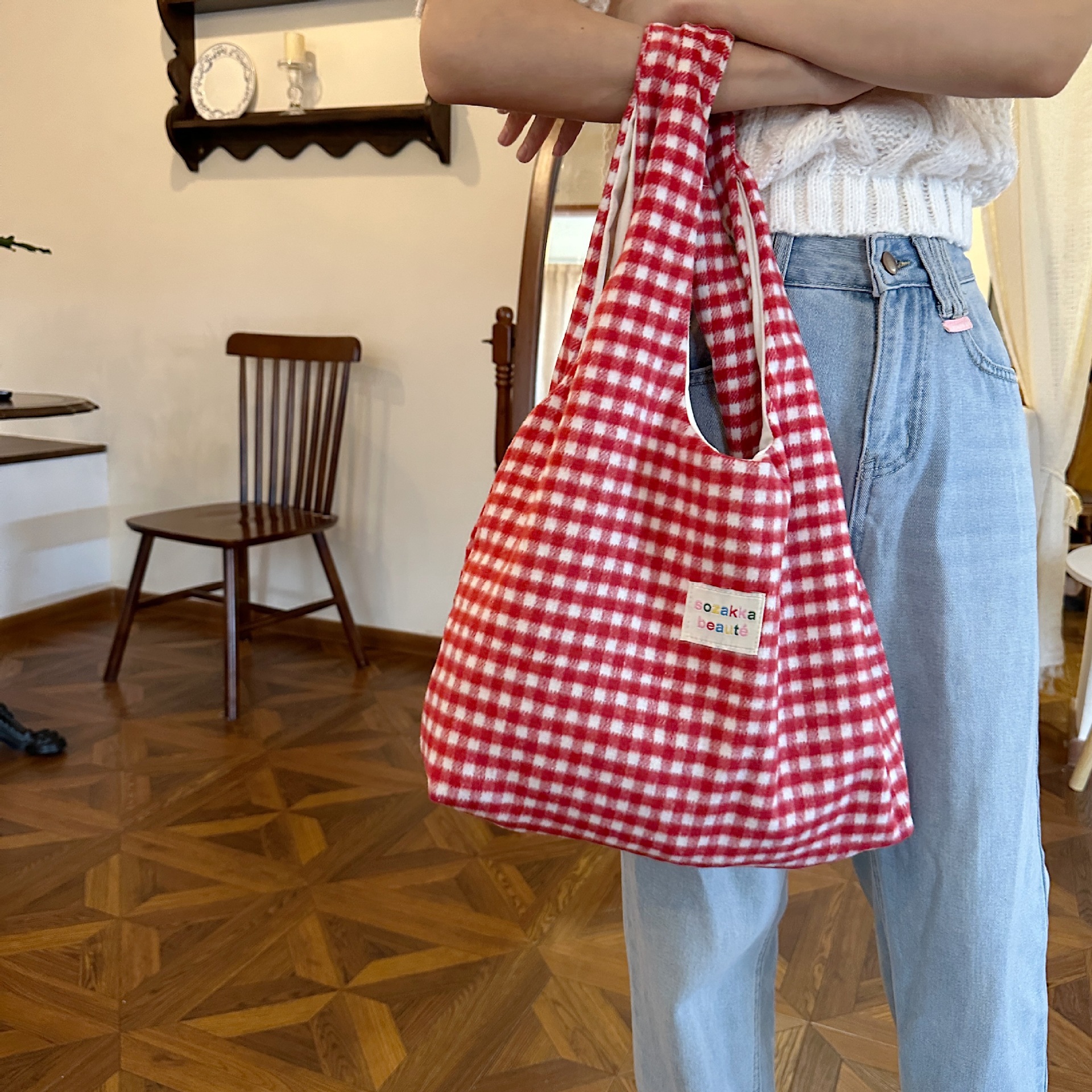 Pink Gingham Hobo Tote Bag Large Capacity Casual Shoulder Purse_voghion.com
