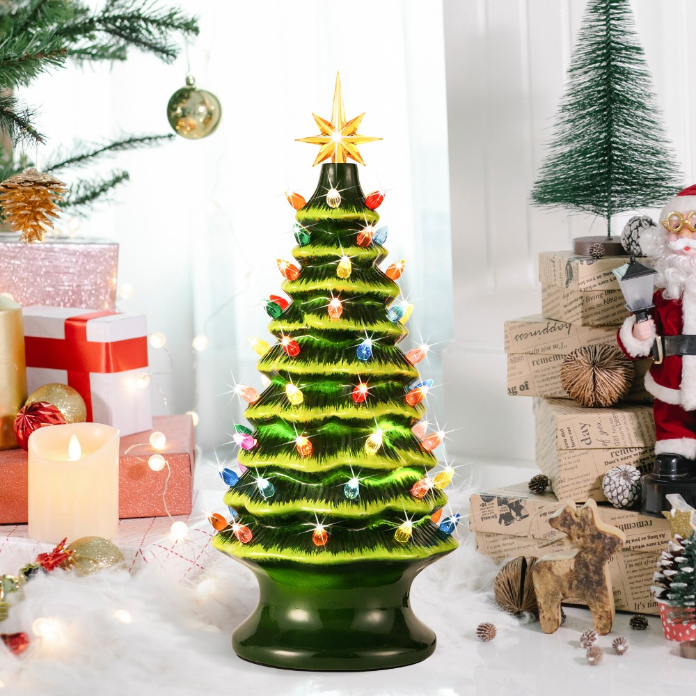 TEMU 16.5in Table Top Christmas Tree, Hand Painted Resin Christmas Tree With Lights, Pre-lit Xmas Tree Decor Lighted Tabletop Decoration With