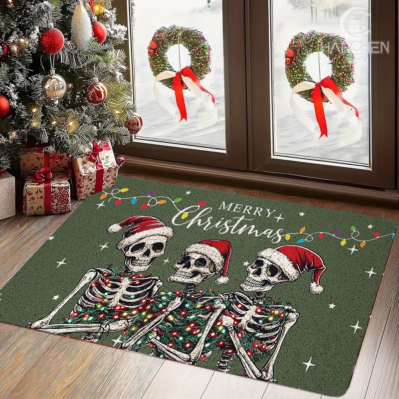 Indoor Welcome Mat Featuring A Christmas Design With Skeletons Wearing Santa Hats And String Lights. Made Of Flannel, Non-slip, Easy To Clean, And Perfect For Bedrooms, Living Rooms, Or Holiday Decor