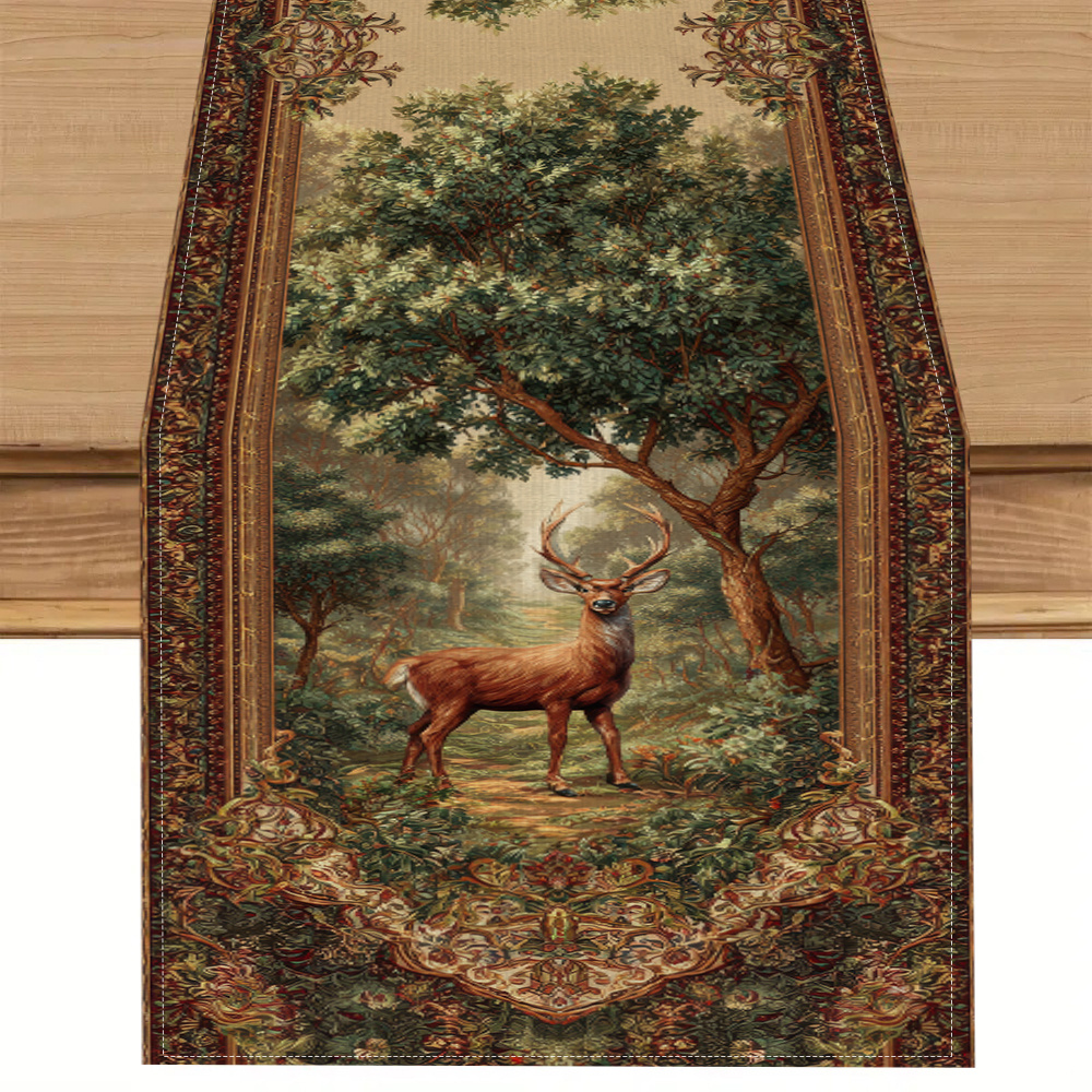 TEMU 1pc Elegant Forest Deer Table Runner - Luxury Golden/brown/beige/green/burgundy/tan/bronze/taupe Deer & Foliage Pattern, Durable Polyester Fiber