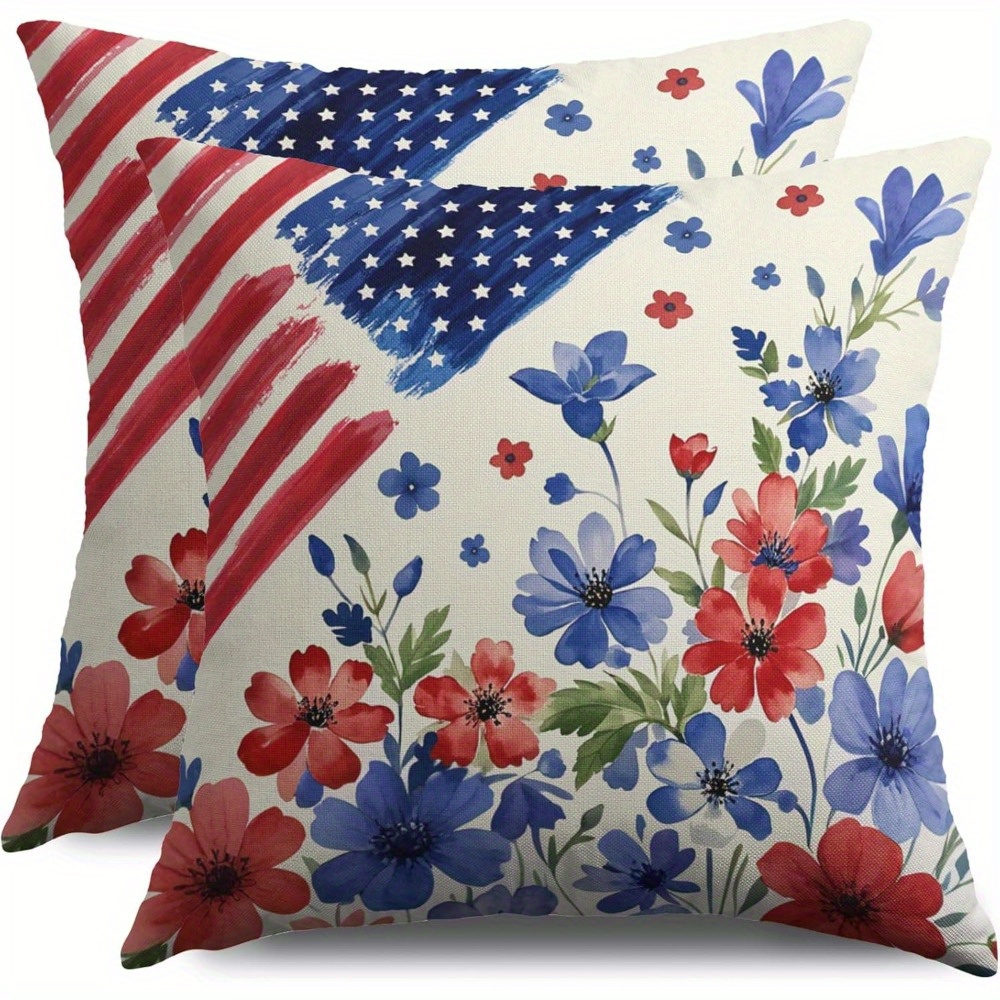 TEMU Blue Red Patriotic Floral American Flag Pillow Covers 18x18 Set Of 2, Flower Decorative Throw Pillow Covers Outdoor Memorial Day Holiday Cushion Cases Couch Sofa Bed Decor