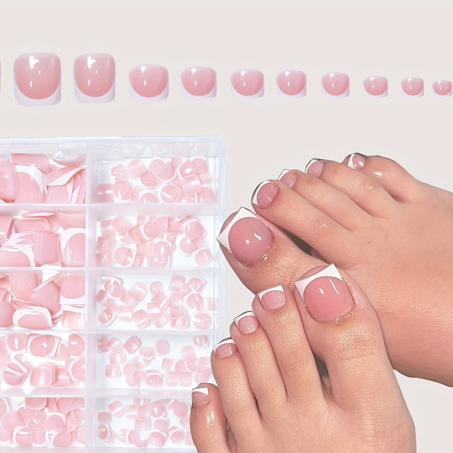 TEMU 96pcs Foot Armor Fashionable Gentle High-end White French Stripe Short Square False Nails Sweet Nails Suitable For Daily Wear