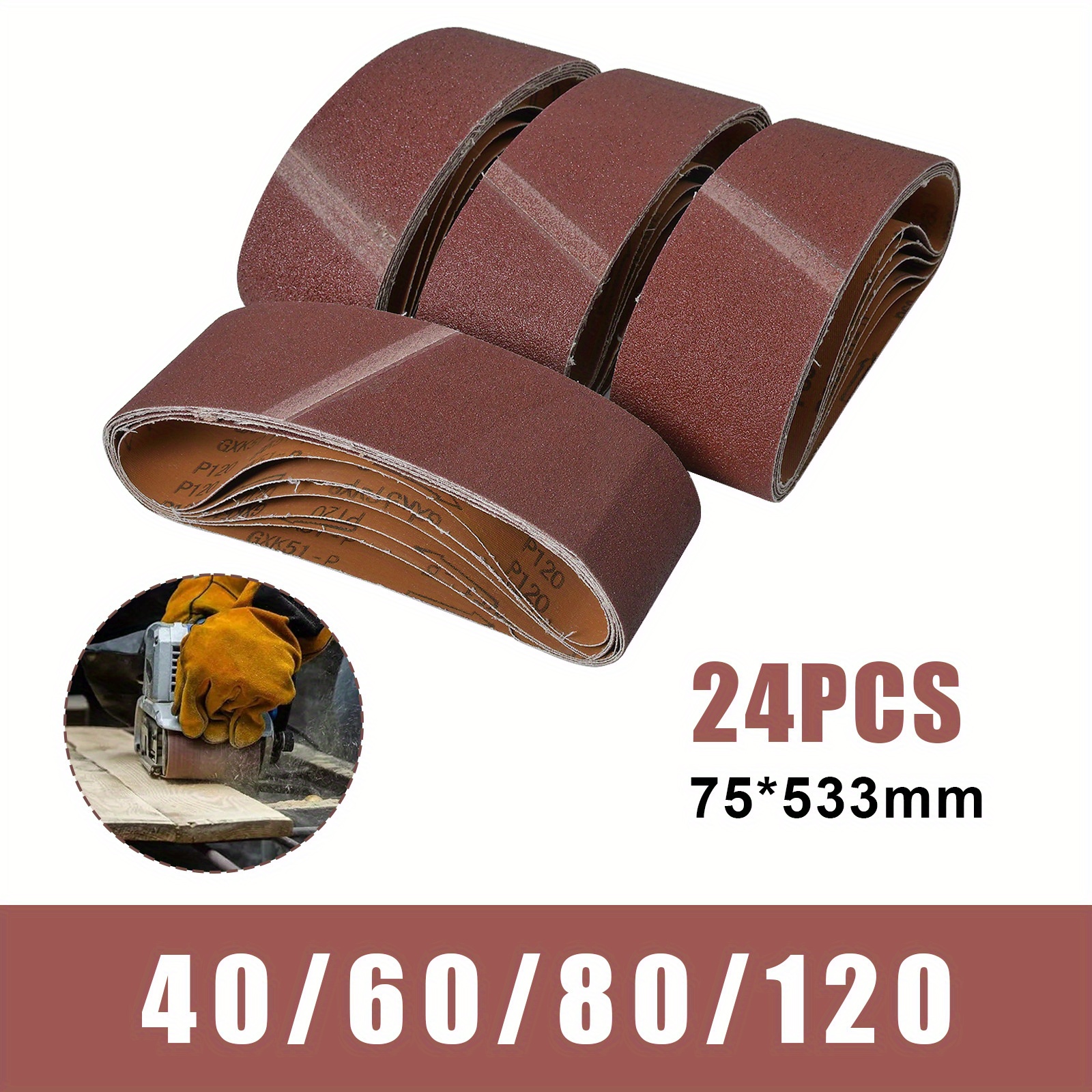 24pcs Sanding Belts Set 75x533mm Mixed Grade 40 60 80 120 Grit