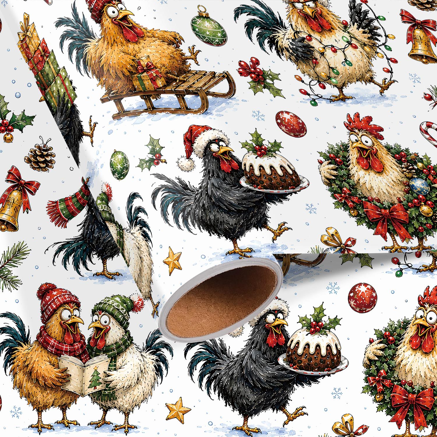 TEMU Rouleau de papier cadeau Noël amusant - 17.7 X 118 pouces, papier d'emballage cadeau de fêtes avec poulets de Noël, coqs portant des chapeaux de