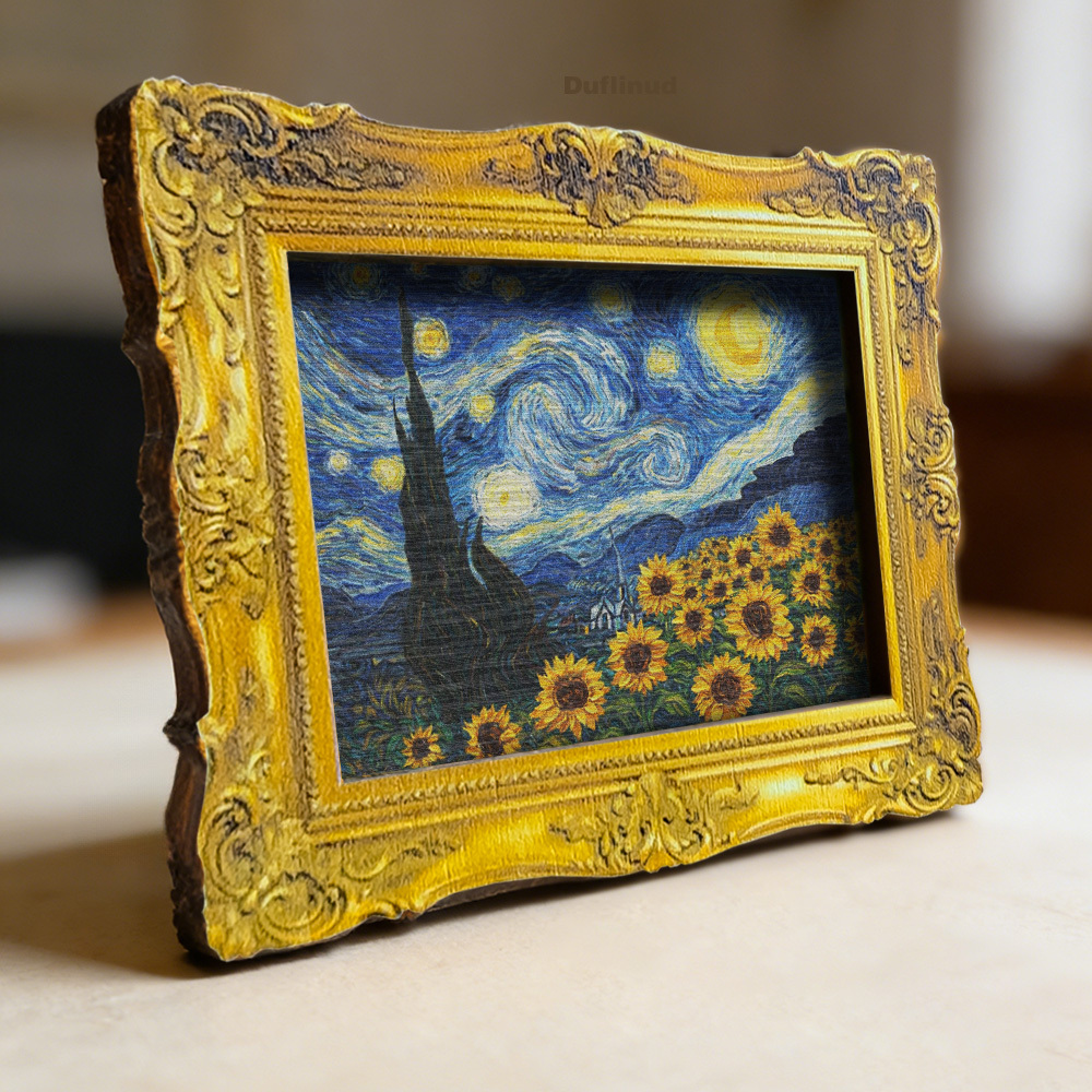 TEMU 1pc Wooden Van Gogh Starry Night Sunflower Wooden Fridge Magnet, Miniature Decorative Painting, Pocket-sized Artwork, Classic Art Reproduction,