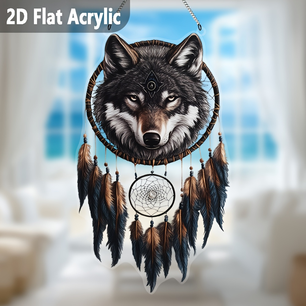 TEMU 2d Flat - [2d Flat] 2dflat 2d Plane, Bohemian Gray Wolf Sun Catcher - Acrylic Window Hanging Ornament, Suitable For Porch, Living Room, Holiday