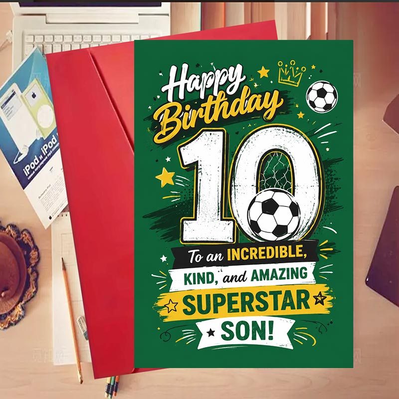 TEMU 1 Set Happy Birthday 10th Year Old Son Superstar Football - Themed Greeting Card For ' Birthdays, Ideal Gift For Parents