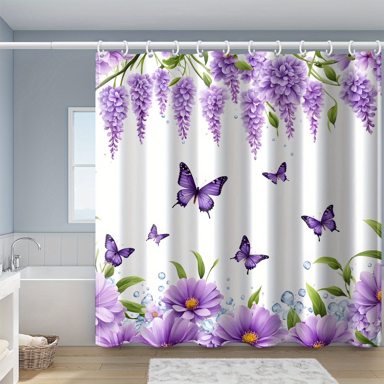TEMU 1pc White Background Purple Print Shower Curtain With Hooks - 100% Polyester Machine Washable Artistic Bathroom Decor, 4-size Options (36x71 To