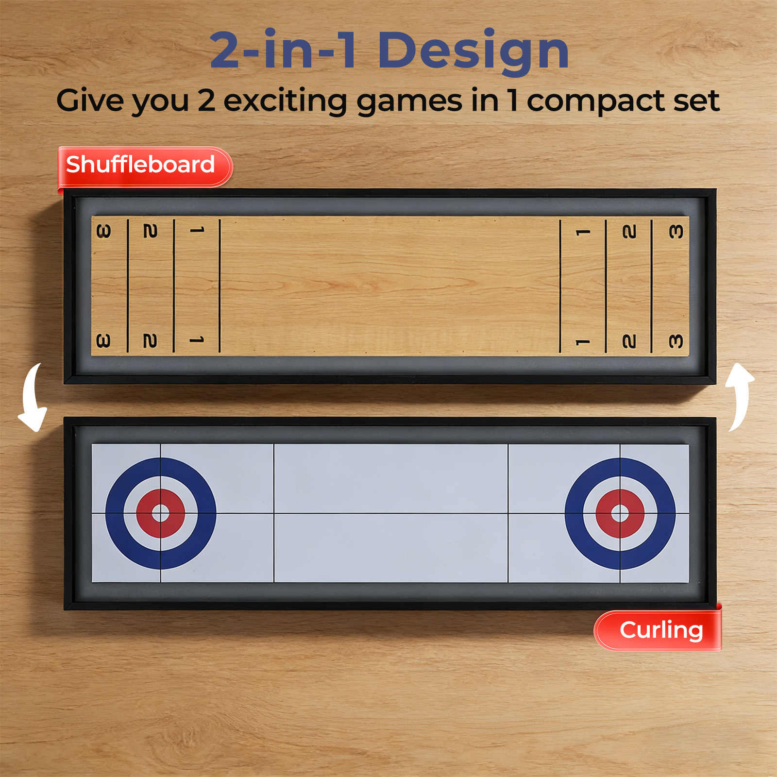 TEMU Jeu de et Curling - Table Portable Double Face avec 8 Pucks Roulants, Planche en Bois Idéale pour , Fêtes, Bars et de Curling