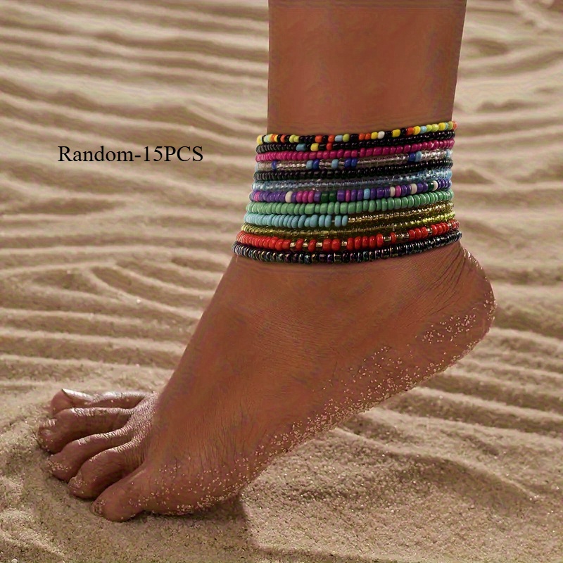 E-shop 15er Set Böhmische Sommer Strand-Themen Bunte Gemischte Perlen Fußkettchen Stapelset für Damen