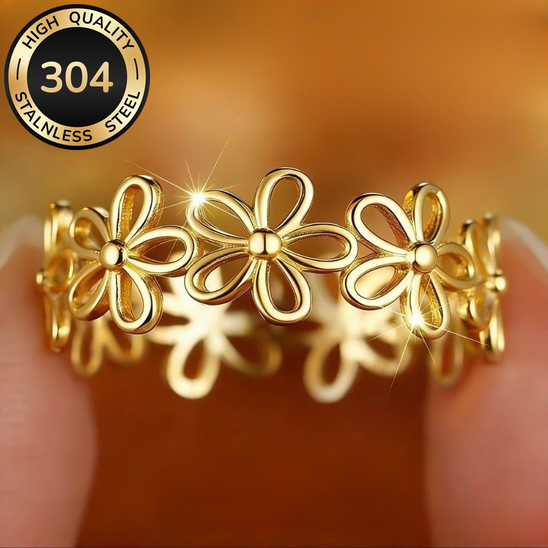 TEMU 304 Roestvrij Staal Open Verstelbare Gouden Ring Eenvoudige Elegante Bloem Ring voor Vrouwen Dagelijks Casual Feest Vakantie Mode Vintage Bloem