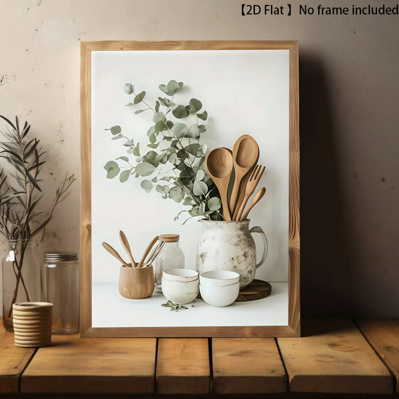 TEMU 2d Flat, 2d Flat, A Frameless Canvas Painting, A Wooden Kitchenware Set, And Green Plant Decorations: A Minimalist Kitchenware Combination