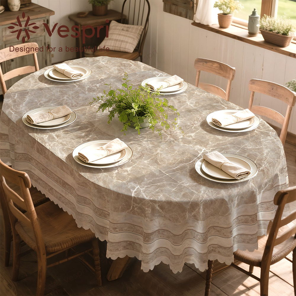 TEMU Textured Tablecloth In Rice White, Featuring Plates And Plants, Rustic Home Decor With A Style. Available In Round, Rectangle, And Oval Shapes,