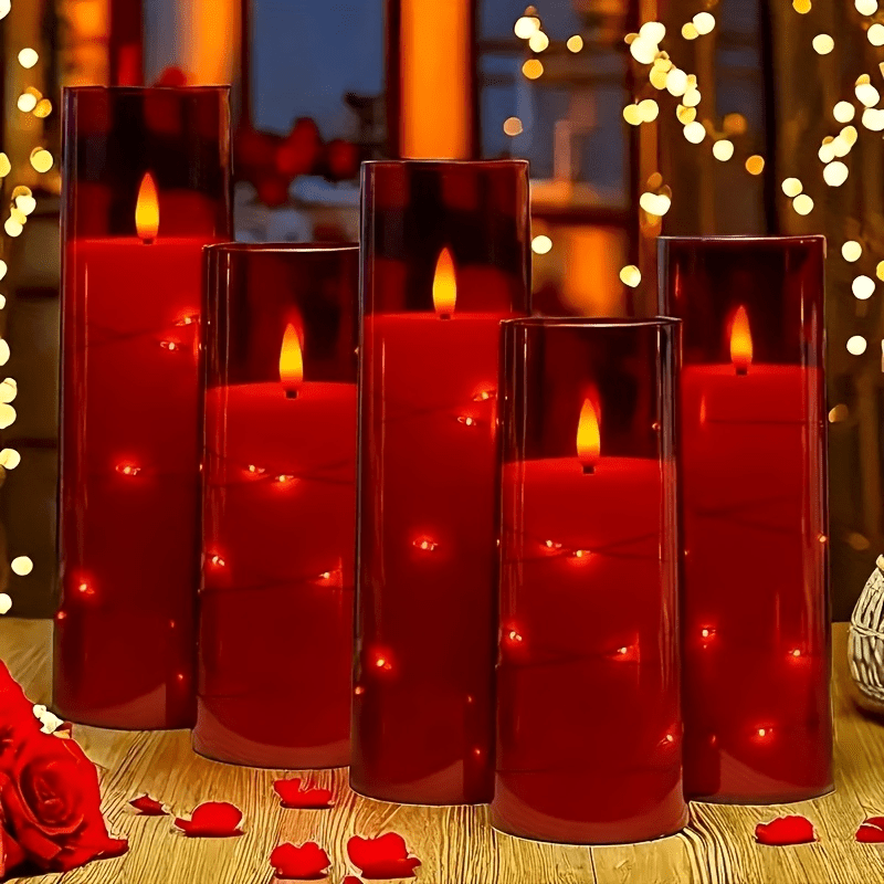 TEMU 5pcs Acrylic Flameless Candles Built-in String Lights, Flickering Flame Battery Operated Fake Candles Without Remote, Led Candle Lights For