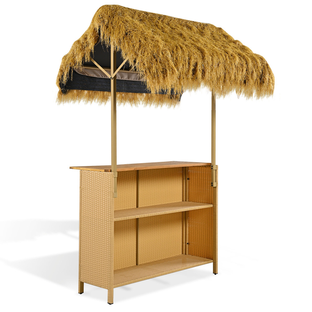 Outdoor Bar Set with Grass Canopy, 2-Seat Patio Bar Table And Stools, Bar Height Outdoor Dining Set, Adjustable Feet Design, Built-In Storage Space, Tiki Bar Furniture for Backyard Poolside Garden Deck Porch Balcony