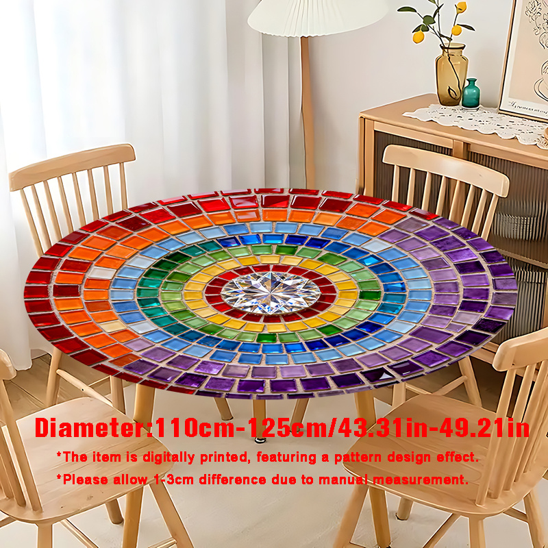 TEMU 1pc Stretch Round Tablecloth, Colorful Diamond Mosaic Print Round Elastic Tablecloth For Round Dining Tables, Polyester Material, Suitable For