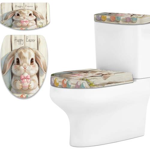 アイテム画像 【1セット】 かわいい ウサギ を持ち上げる柄 プリント トイレカバー 水タンクカバー 布セット、2d 四季兼用 バスルーム装飾 トイレ布カバー、トイレ トイレカバー布、すべてのシーンに最適
