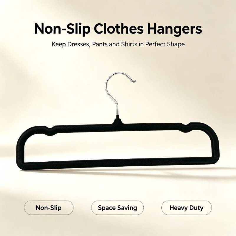 TEMU 10pcs Square Black Velvet-covered Pants Hangers For Home Use, Non-slip And Trace-free Rectangular Pants Hooks, Thickened Weight Capacity And