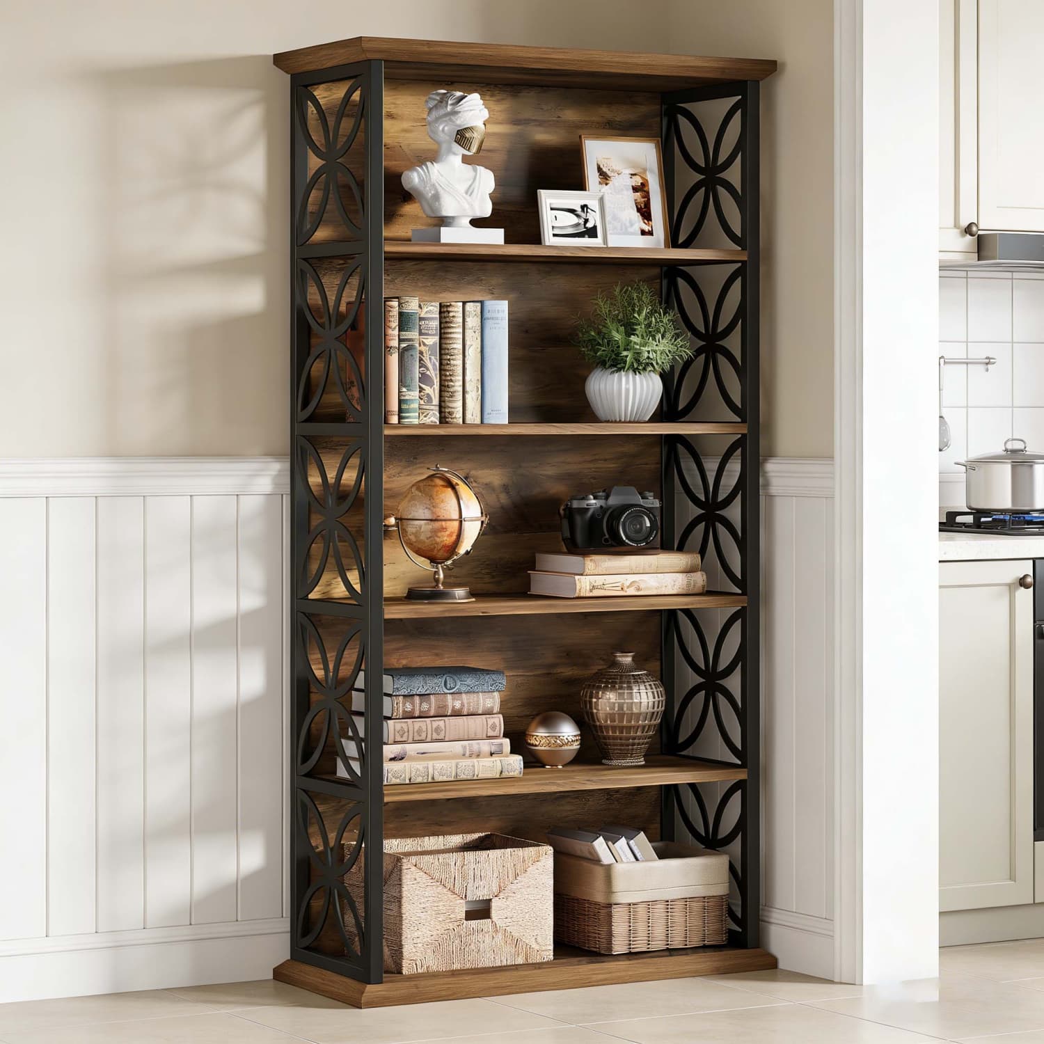 Image of 5-tier Industrial Bookcase, Tall Storage Display Shelf With Wooden Shelves And Black Metal Frame, 180cm Freestanding Organizer For Living Room Kitchen Bedroom And Office, Brown
