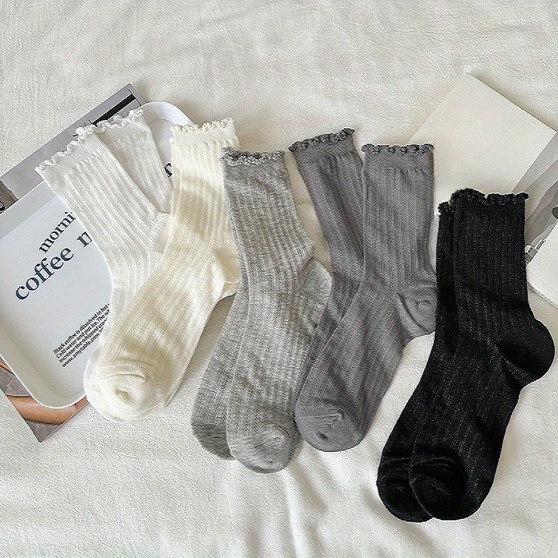 TEMU 5 Pairs Spring And Summer Fashion Solid Color Hollow Mesh Eyelets Tube Socks Thin Style Easy Pile Socks
