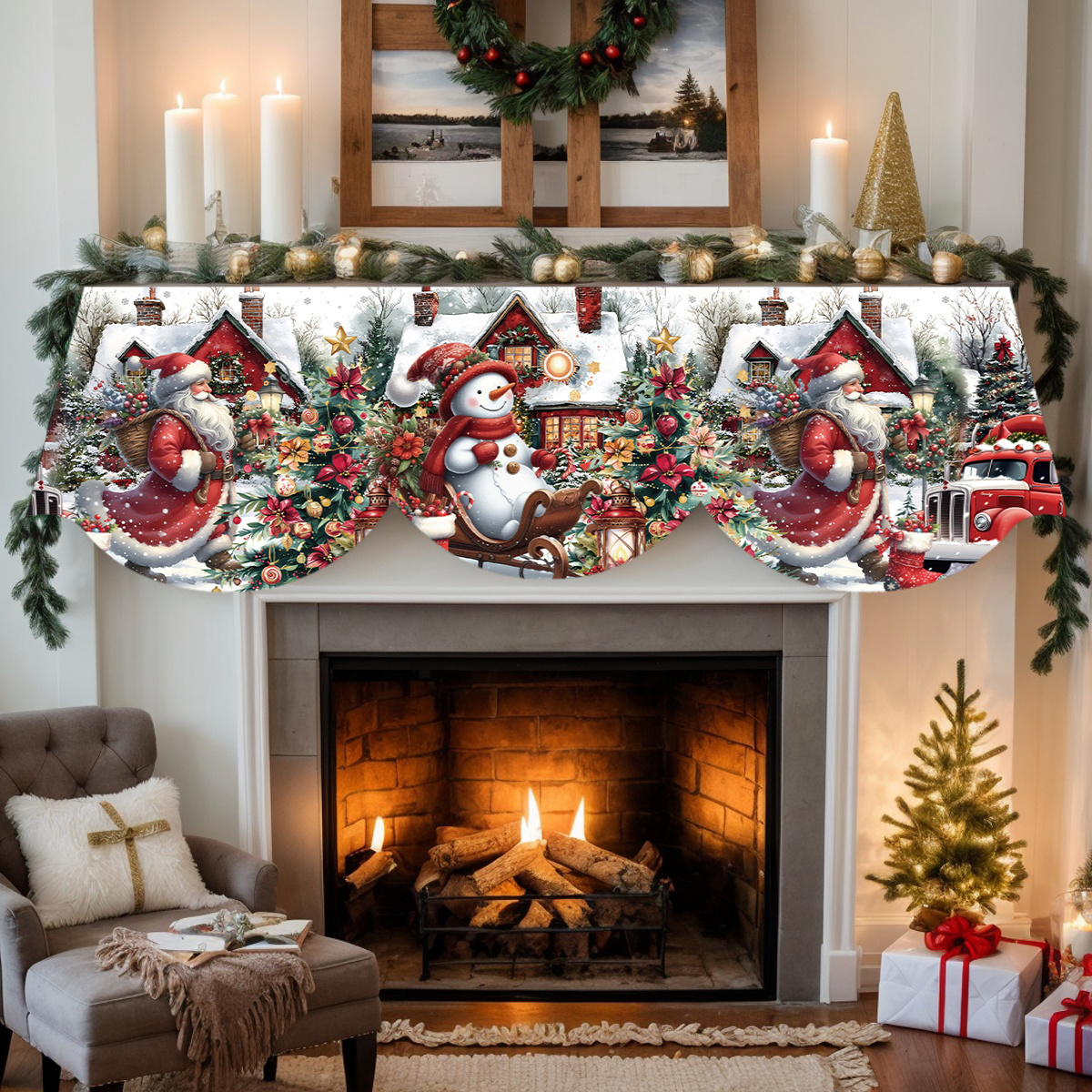 TEMU Un foulard de cheminée sur le thème de Noël avec des de bonhommes de neige, de Père Noël, d'arbres de Noël rouges et de scènes de neige d'hiver,