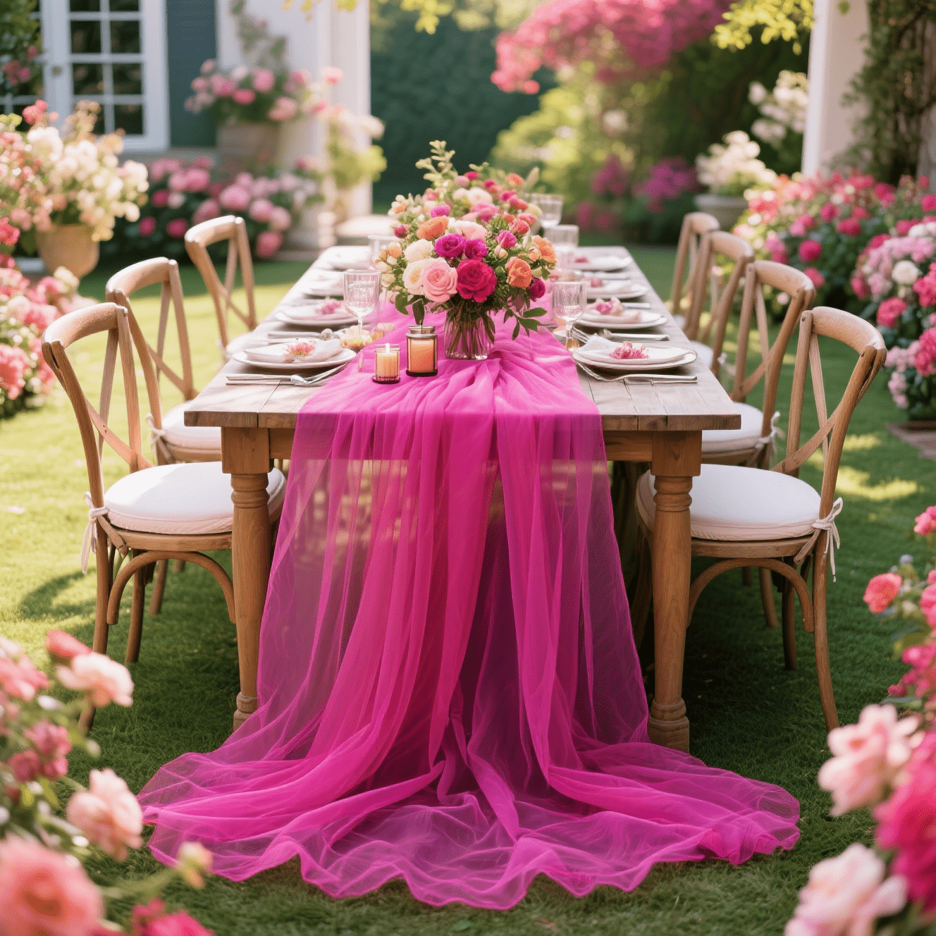 TEMU 1 runner da in tulle magenta , realizzato in poliestere qualit�, pu簷 e decorato liberamente per bouquet, auto nuziali, schienali di sedie, per