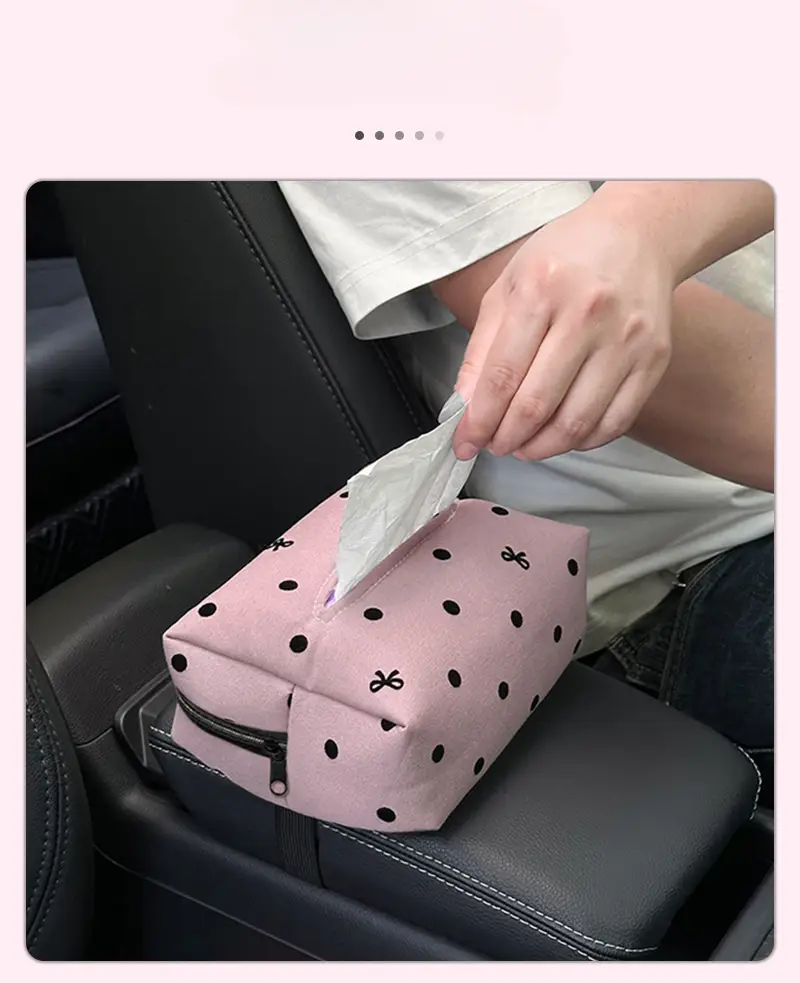luxury elegant polka dot car tissue holder with bowknot universal fit backseat and polyester fiber ideal for armrest sun visor and console storage car accessories Product details 9