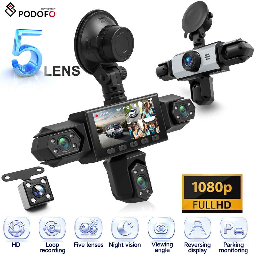 [] Podofo 360° Panoramic 5-channel Lens Auto Dash Cam Kit, 3.16-inch 1080p Front-rear-left-right Full Coverage, Loop Recording, , Night Vision Function, Reversing Assistance