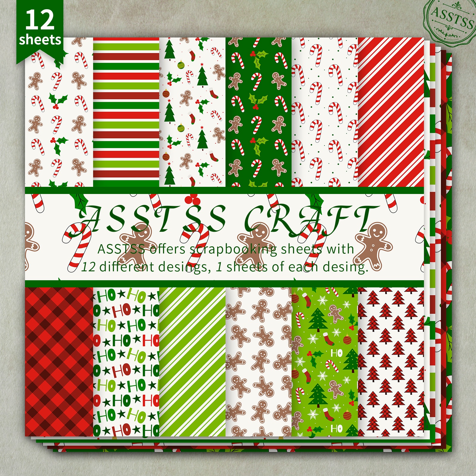TEMU Bloc de papier de scrapbooking ASSTSS 12 feuilles 6*6 pouces, fournitures de papier de support style d'orge, pain d'épices, sapin, tartan et
