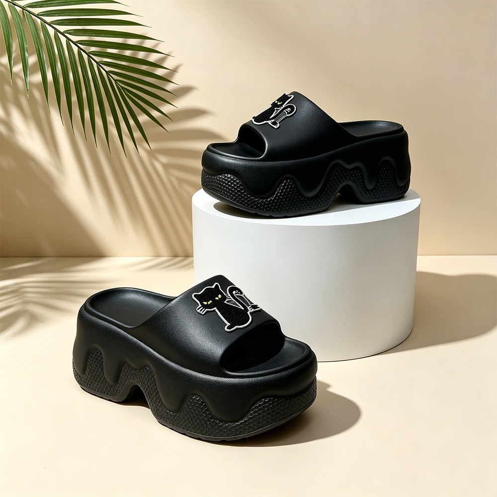 TEMU Eva Height-increasing Platform Slippers With Thick Wave Sole & Black Cat Embellishment - Slip- Mules Suitable For Indoor/outdoor, Beach,