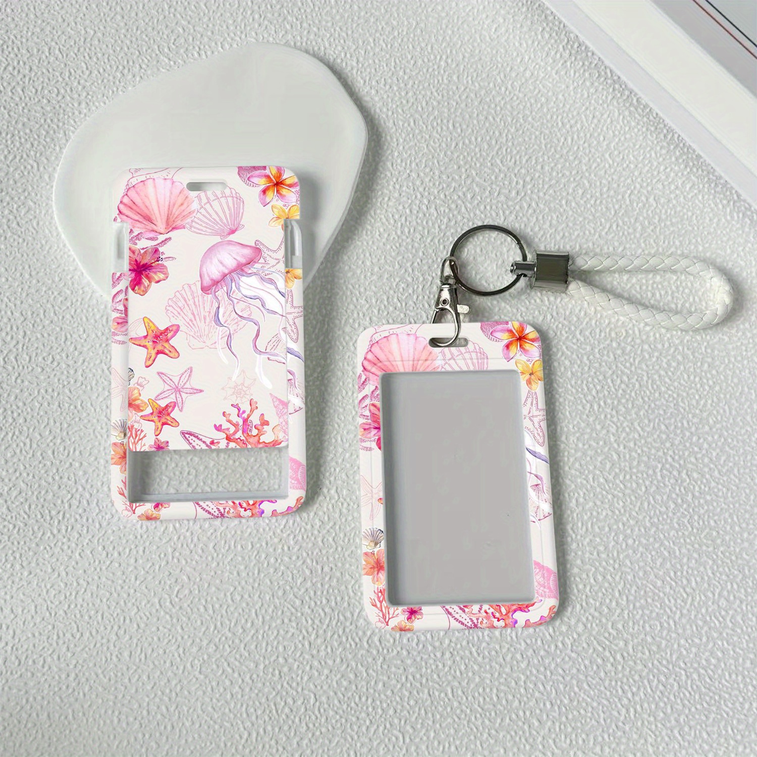 TEMU 2d A Plastic Id Card Holder Featuring A Seaside Blush Pattern, Complete With A Lanyard, Ideal For Doctors, Nurses, And Students. This Bus Card
