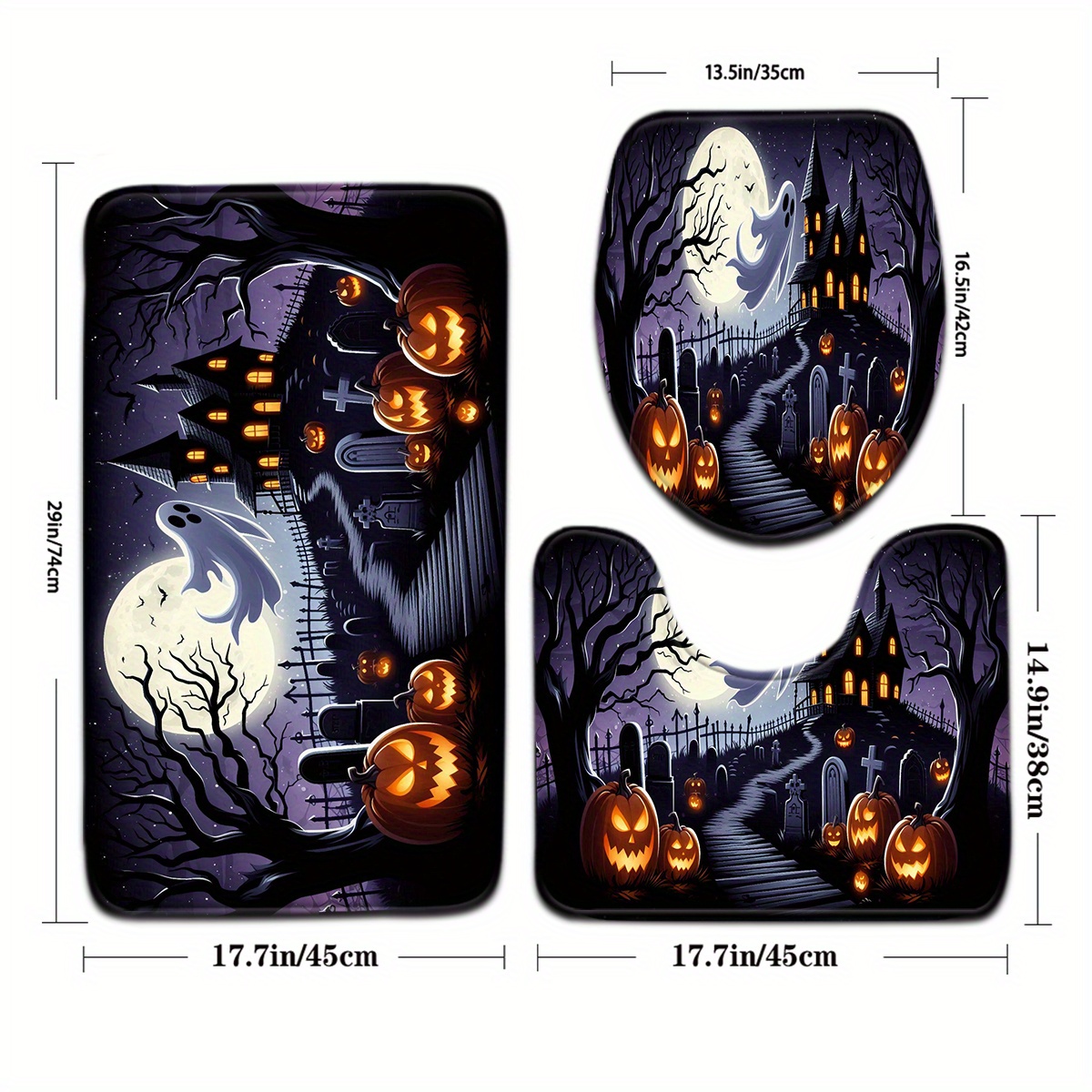 3pcs Halloween Pumpkin Dead Tree Pattern Bathroom Mat Set Toilet Lid Seat Cover U-shaped Foot Pad