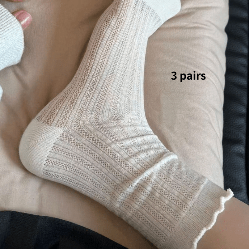 E-shop 3 Paar Damen Socken Sommer Dünne Mesh Hollow-Out Atmungsaktiv Trendy Vielseitige Einfarbige Mid-Calf Socken Slouchy Socken Spitzensocken