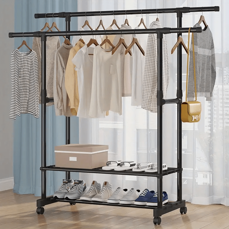 TEMU 1pc Adjustable Double Rail Rolling Black Metal Clothes Rack - Double Dual Pole Drying Rack, Portable Clothes Organiser For Shirts, Sweaters And