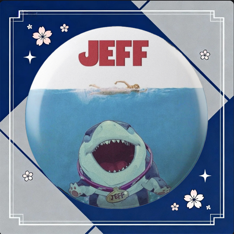 TEMU 1pc Circular Round Badge With Cartoon Shark And Jeff Text Design Light Blue Color For Backpack Jacket Bag Hat Decoration Gift