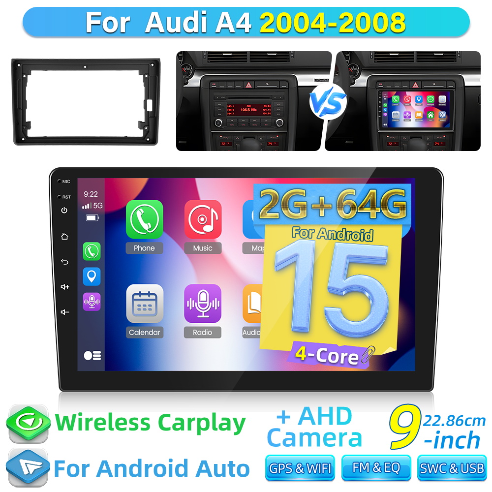 Image of 2g+64g 15 Double Din For A4 2004-2008 Car Stereo Auto, Car Radio 9 Inch Touch Link Gps Wifi Swc Eq Fm/ Rds + Ahd Backup Camera Halloween & Christmas, Without Battery