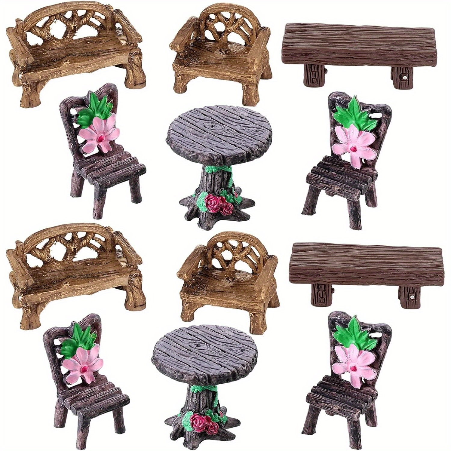 TEMU 12pcs Fairy Tale Garden Accessories Kit, Miniature Table And Chairs Set, Village Micro Resin Bench Chair For Dollhouse Accessories, Diy Micro