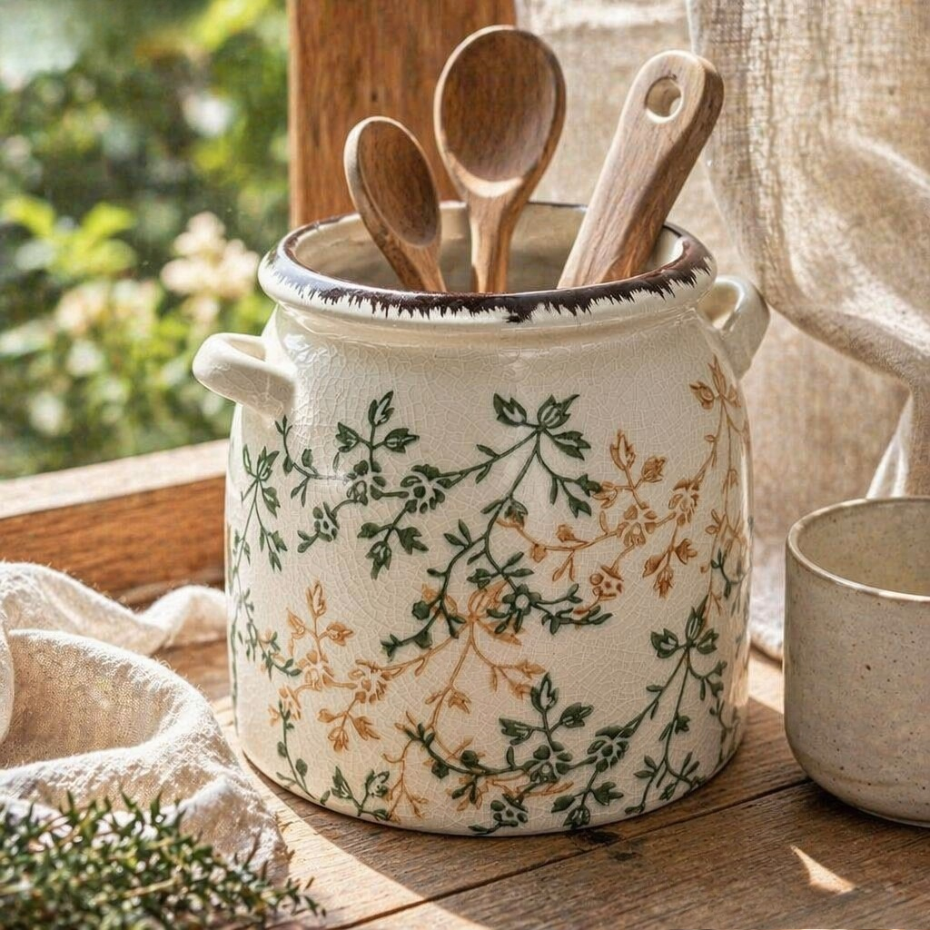 TEMU Bocal français du du XXe siècle à motif de craquelée et double poignée, rangement à double usage pour ustensiles de cuisine et trinkets de salle