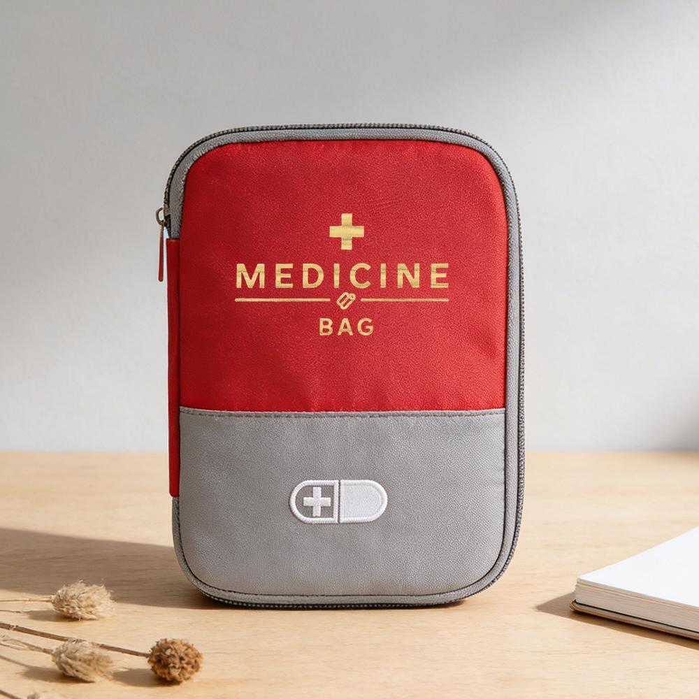 E-shop Eine tragbare Erste-Hilfe-Tasche für den Außenbereich, mit einem minimalistischen Design in Rot und Grau mit goldenen Buchstaben, entwickelt, um