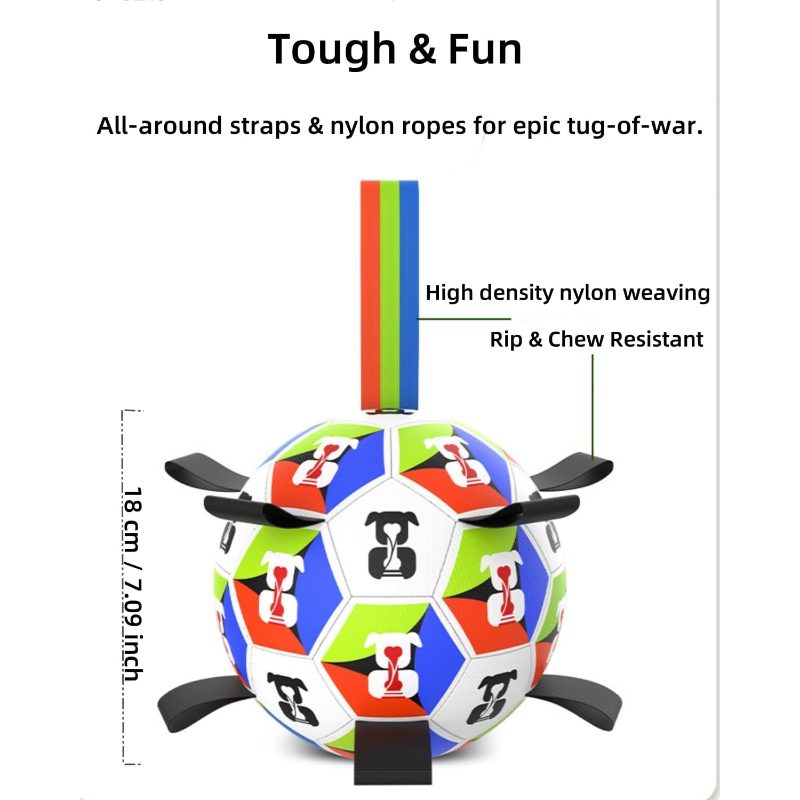 Dog Toys Balls, Dog Soccer Ball with Straps, 18Cm Interactive Toys Tug of War, Pet Training Soccer Ball, Durable Herding Ball Medium, Large Pet, Outdoor Toy, Dog Birthday Gifts (18CM), Without Battery