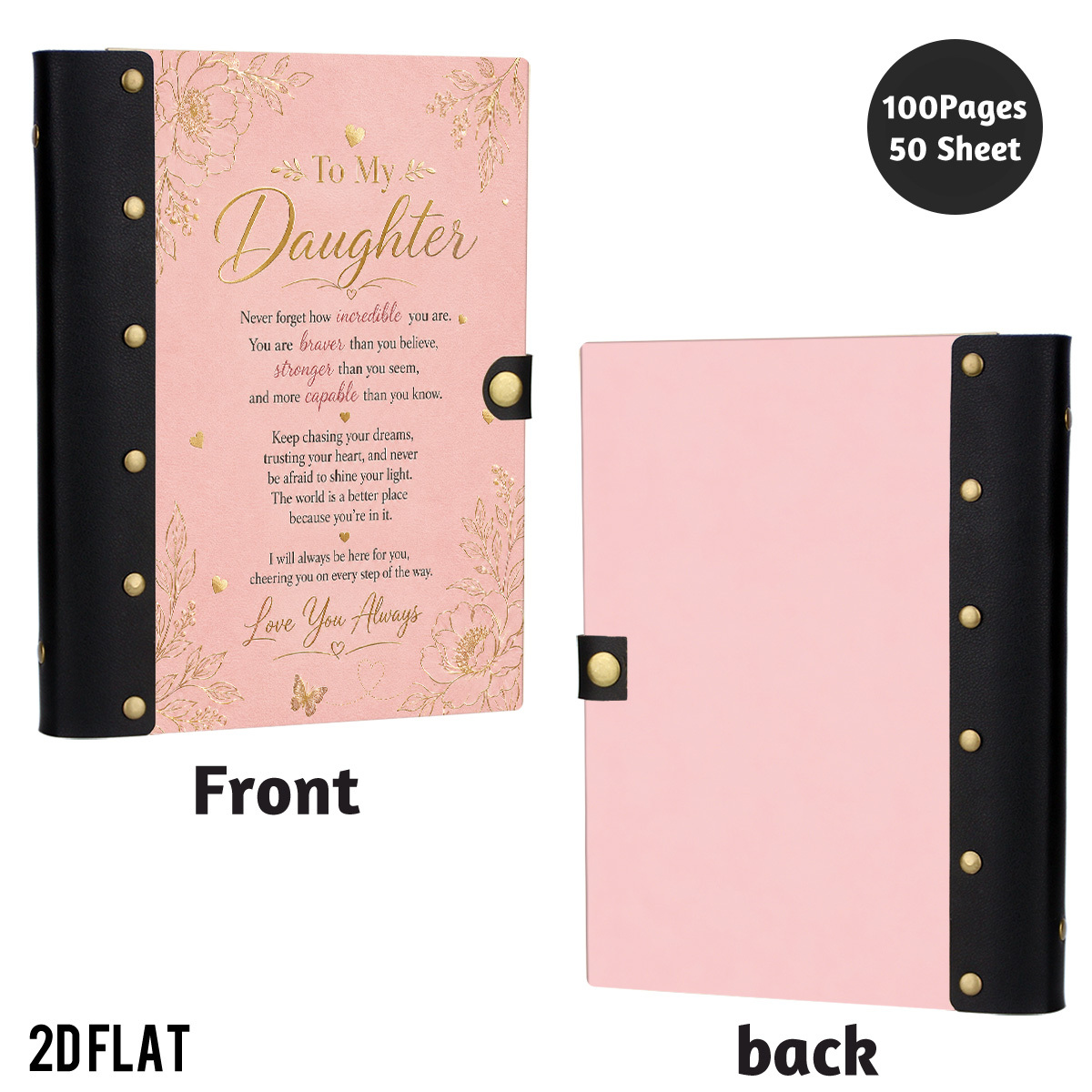 TEMU 1pc, 2d Flat Wooden Notebook, Pink Floral 'to My Daughter' Print, Hardcover Journal, For Writing And Keepsake, Inspirational Quote Cover,