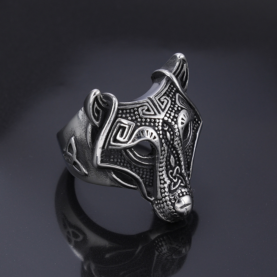 Image of Vintage Silvery/golden 304l Stainless Steel Viking Wolf Head Band Ring For Men, Trendy Fashion Style Wide Band, Norse Inspired Accessory
