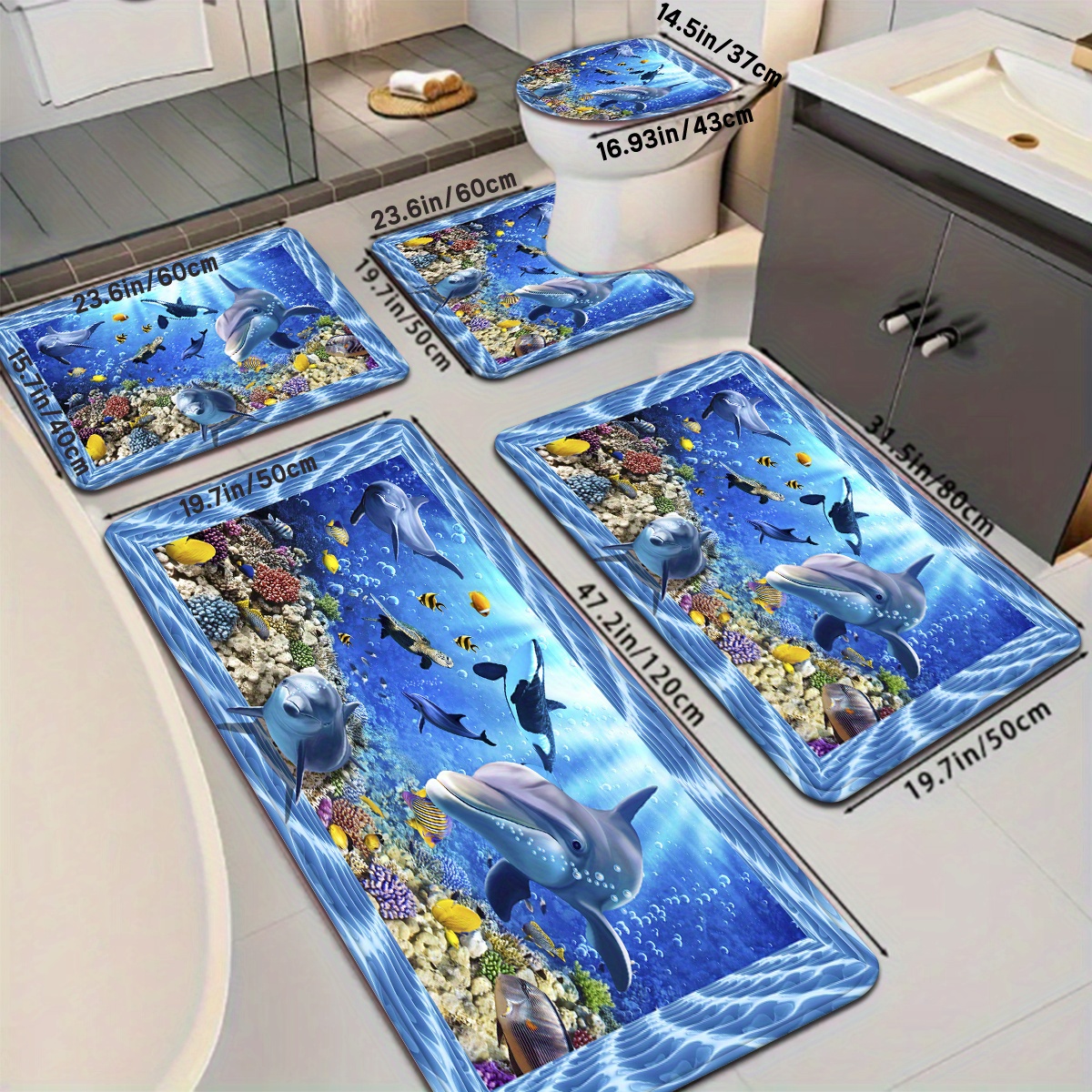 Image of 3pcs/4pcs/5pcs World Dolphin Coral Pattern Bathroom Mat Set, Toilet Lid Cover And Rug, Bathroom Decor, U-shaped Foot Mat