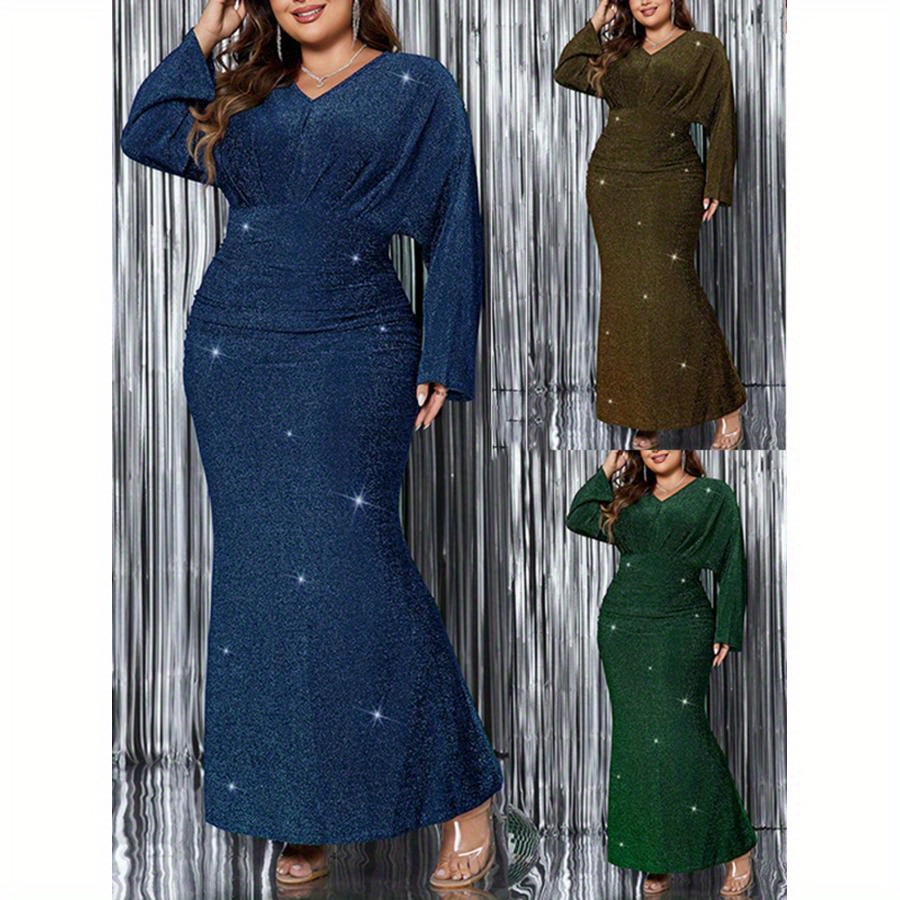 

Size Glitter V-neck Dress - Long Sleeve, Bodycon Fit For Evening & Prom Gowns